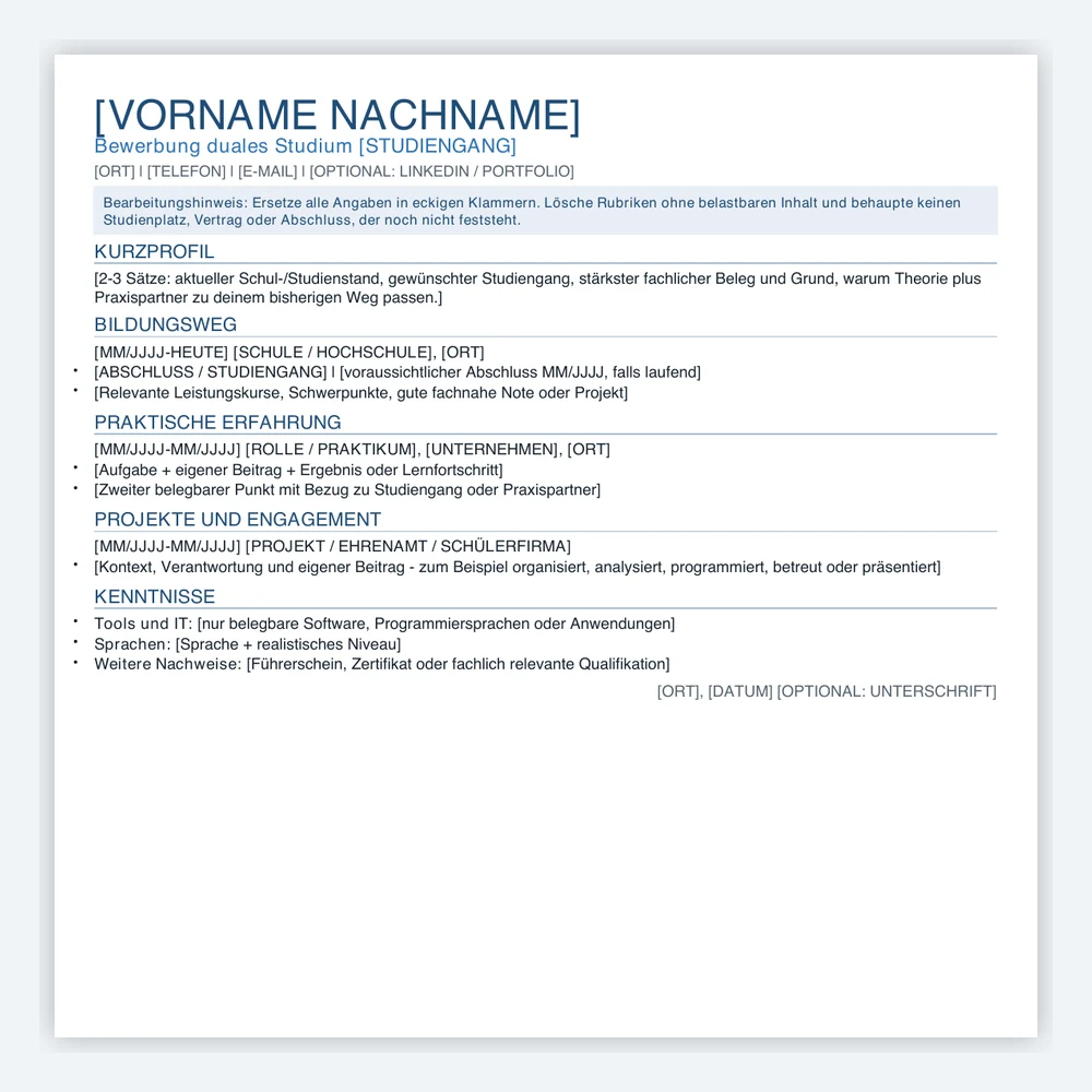Vorschau der kostenlosen Lebenslauf-Vorlage für ein duales Studium mit Platzhaltern für Profil, Bildungsweg, Praxis, Projekte und Kenntnisse.