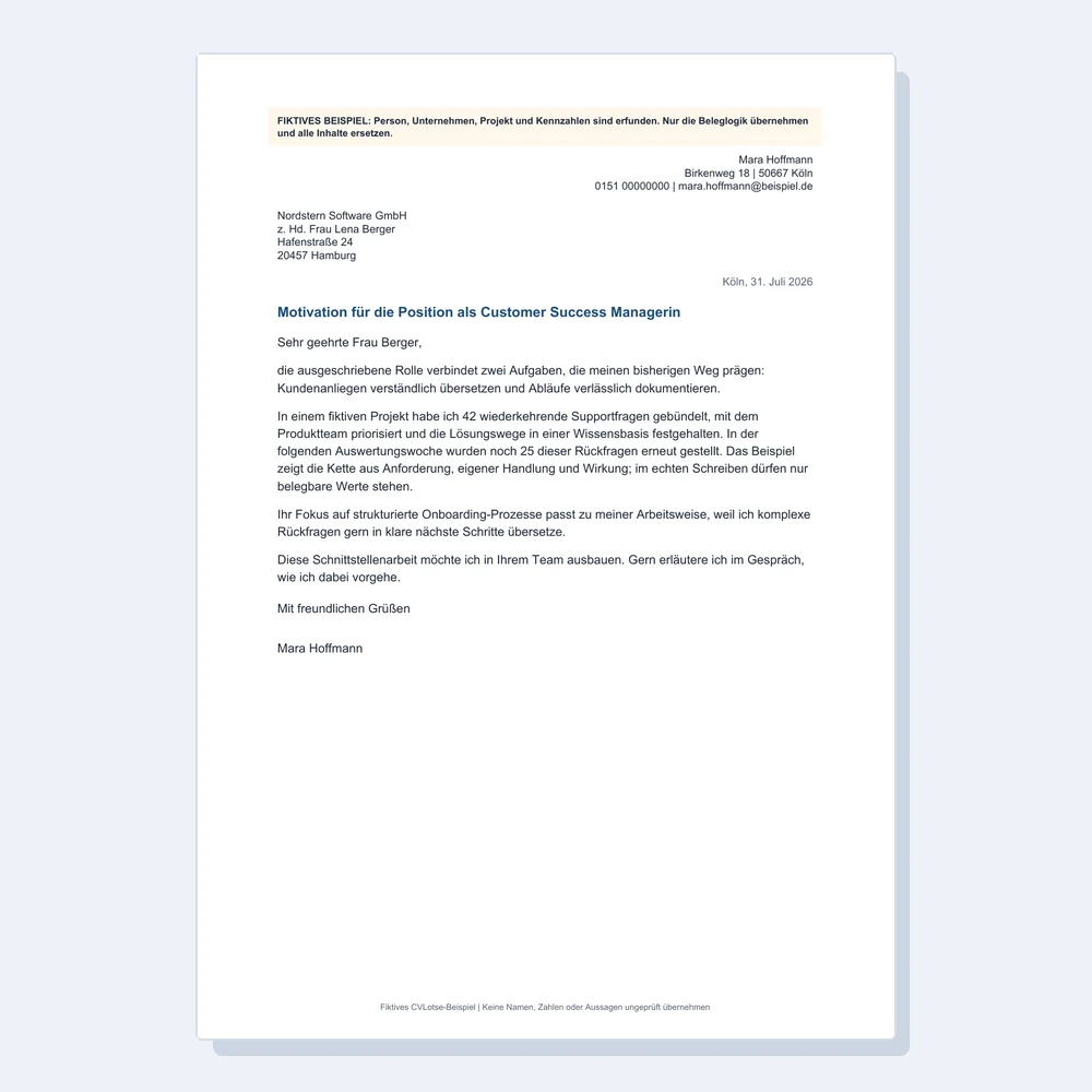Vorschau eines vollständig fiktiven Motivationsschreibens für eine Customer-Success-Bewerbung mit Absender, Empfänger, Betreff und belegorientiertem Mustertext.