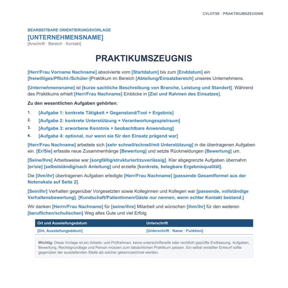 Vorschau der kostenlosen Praktikumszeugnis-Vorlage mit Platzhaltern für Aufgaben, Leistung, Verhalten und Unterschrift.